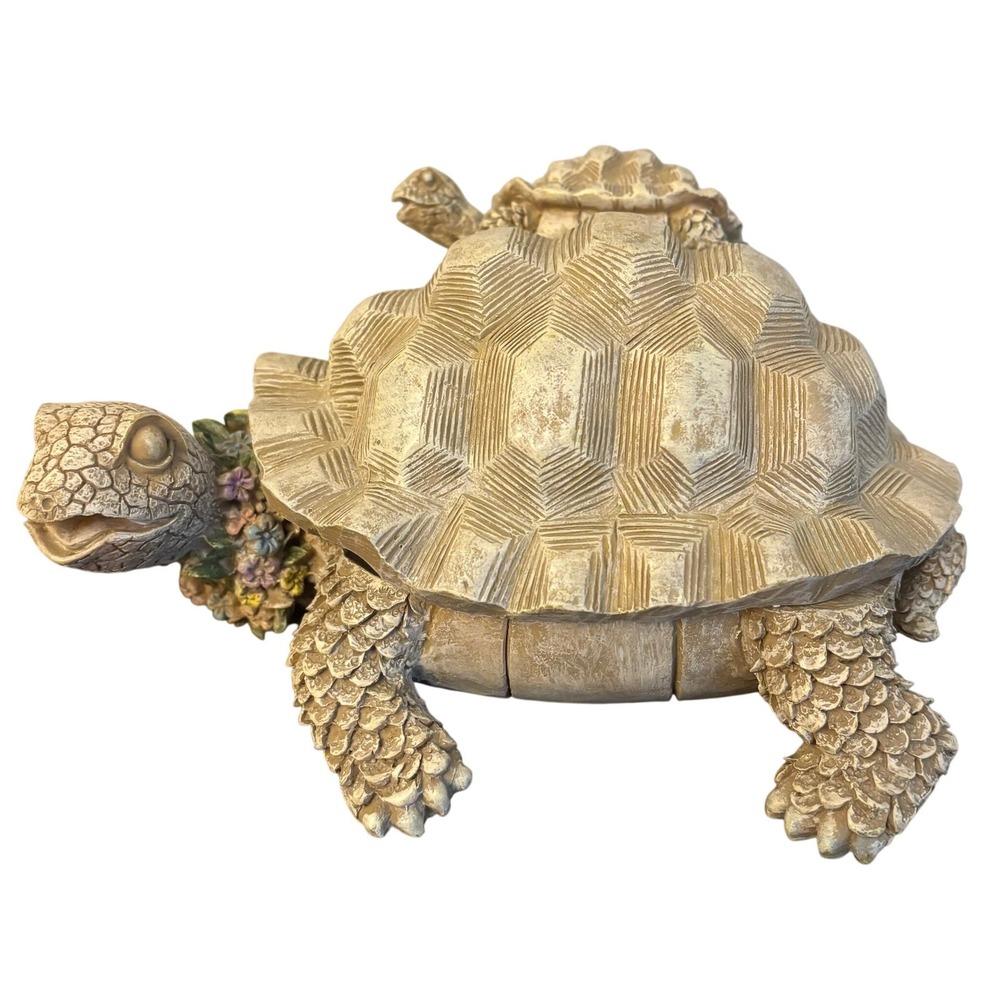 Mother‎ and Baby Turtle Hinged Trinket Box Floral Wreath Resin Figurine 7.5in